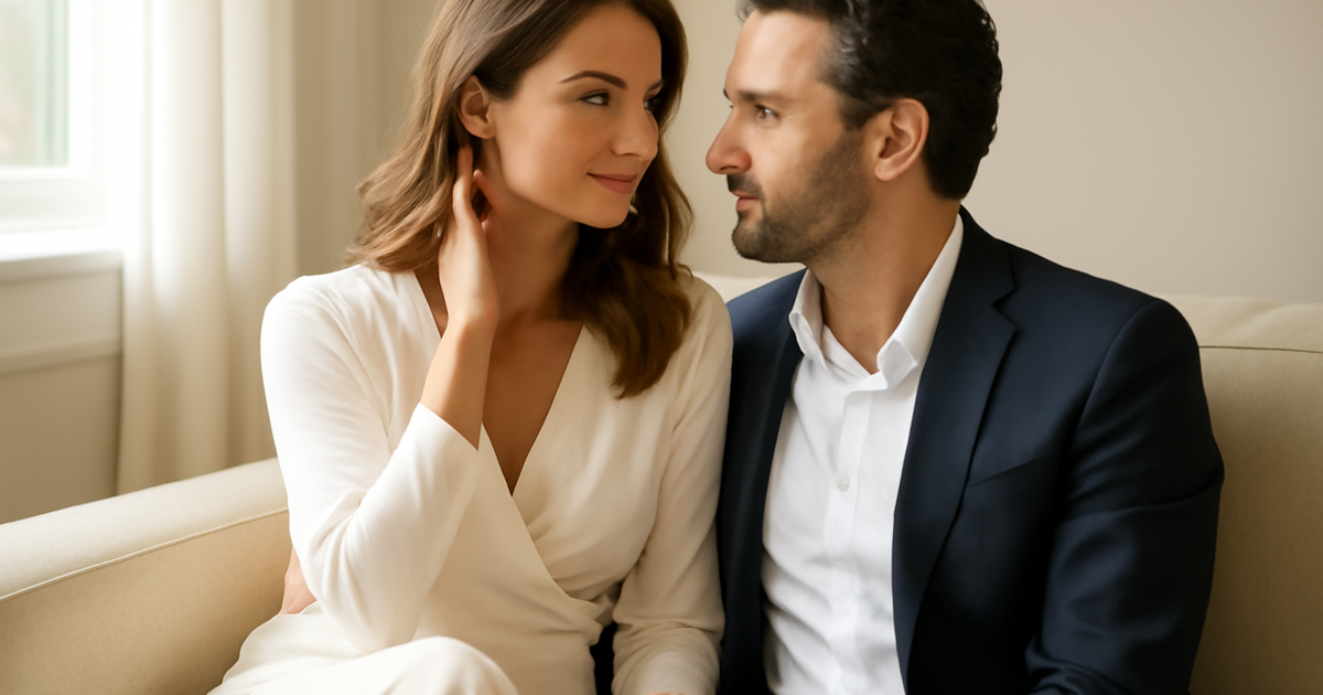 Donna elegante che riflette sull’amore e la vita di coppia con stile