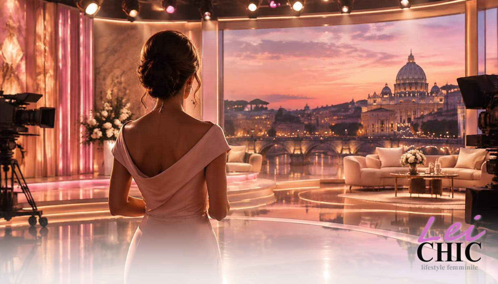 Studio televisivo italiano al tramonto, illustrazione editoriale Lei Chic